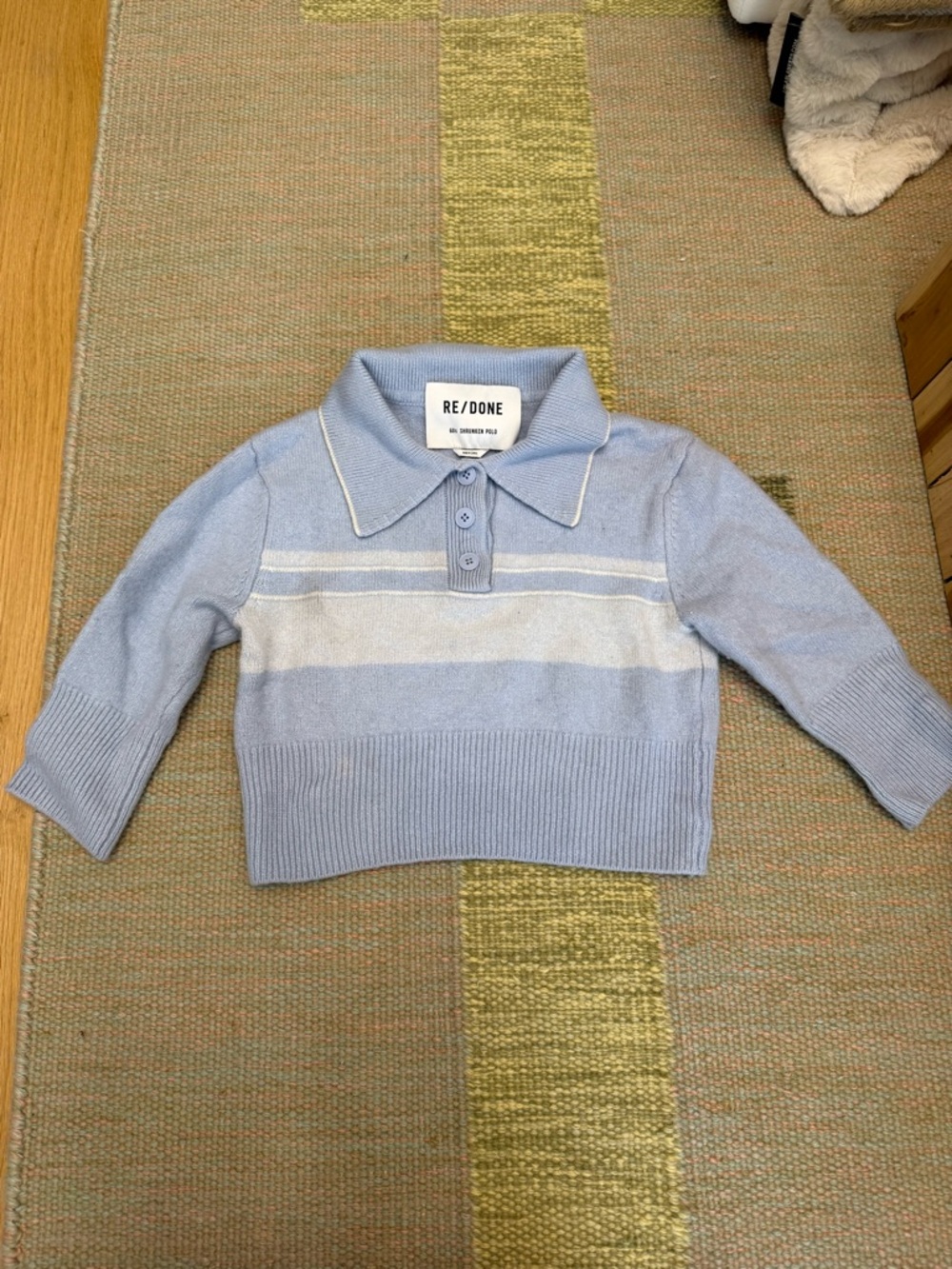 Re/Done Pale Blue & White Cropped Polo Sweater